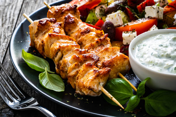 Traditional dish Souvlakia with tzatziki
